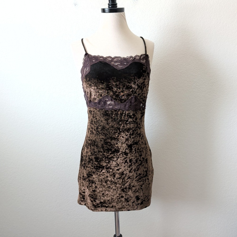 Vintage Y2K Victorias Secret Brown Crushed Velvet Lace Mini Dress S Whimsygoth